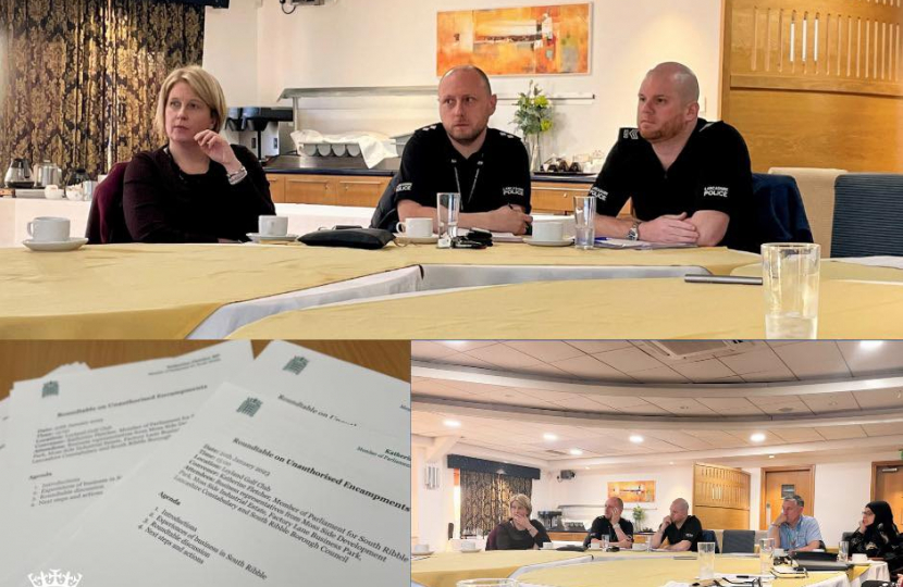 A collage of images of Katherine Fletcher sat at a table with police officers, councillors, and businesspeople also present.