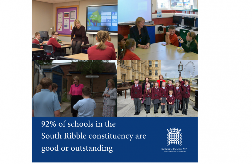 images of Katherine at different schools with wording 92% of schools in the South Ribble constituency are good or outstanding