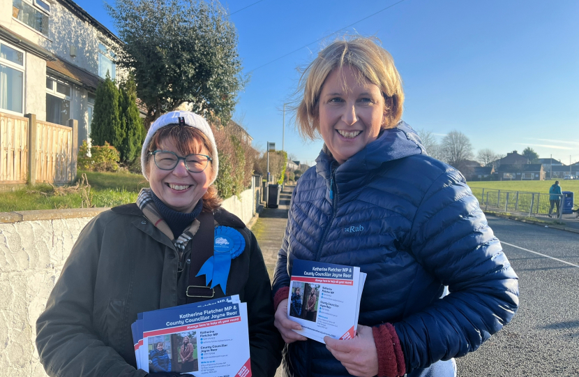Katherine Fletcher with County Councillor Jayne Rear on a street in Leyland.
