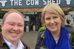 Katherine and member of staff stopping at The Cow Shed
