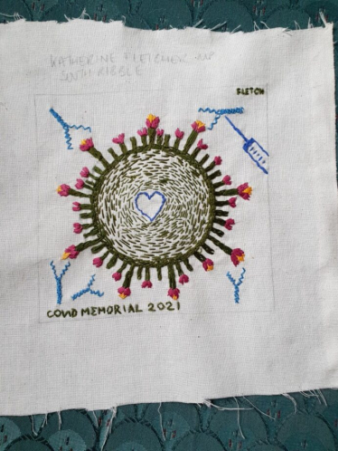 Covid embroidery square made by Katherine
