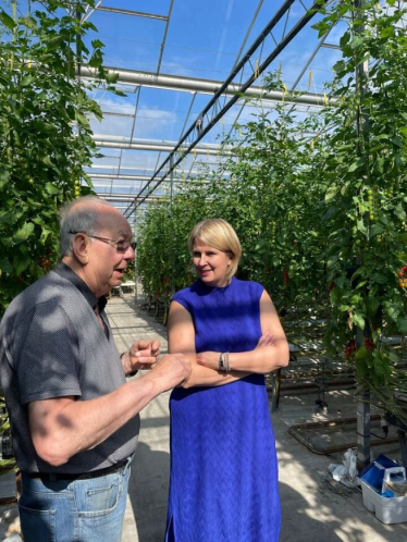 Katherine talking to man surrounded by tomato plants